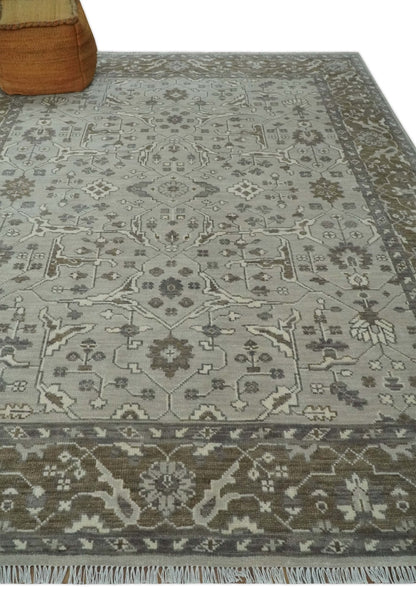 Antique Style Traditional Silver and Olive Oriental Oushak 8x10 wool Area Rug