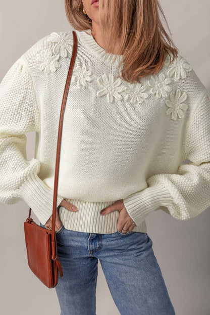 Rheakara Textured Puff Sleeve Sweater - White / L - 12/14