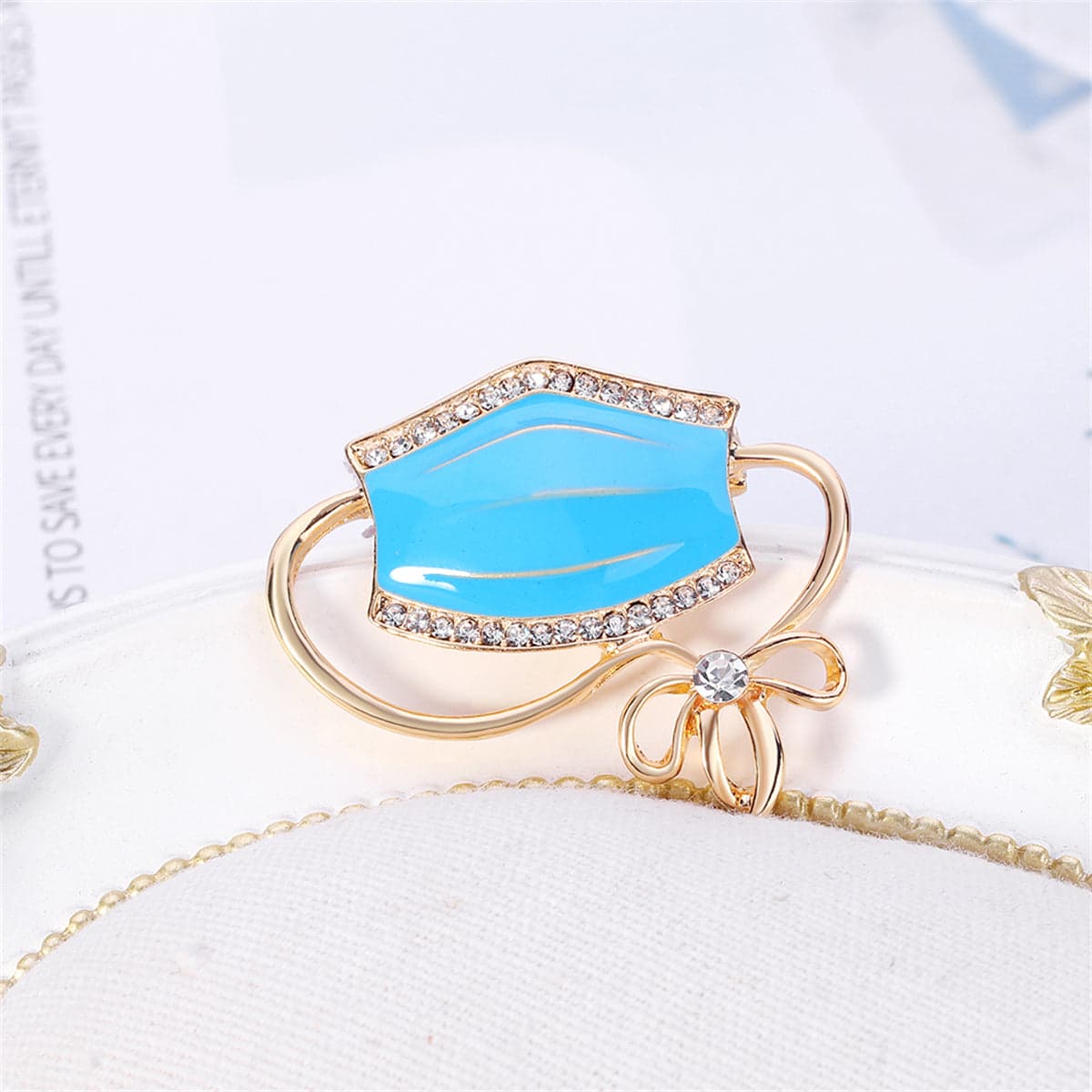 Clear Cubic Zirconia & Blue Enamel Mask Brooch