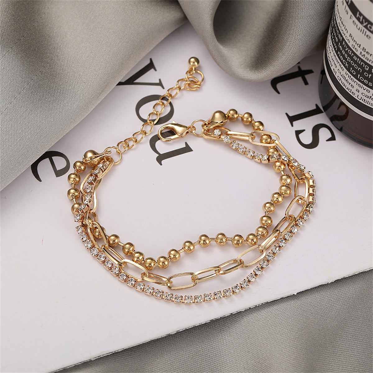 Cubic Zirconia & Goldtone Layered Ball Chain Anklet