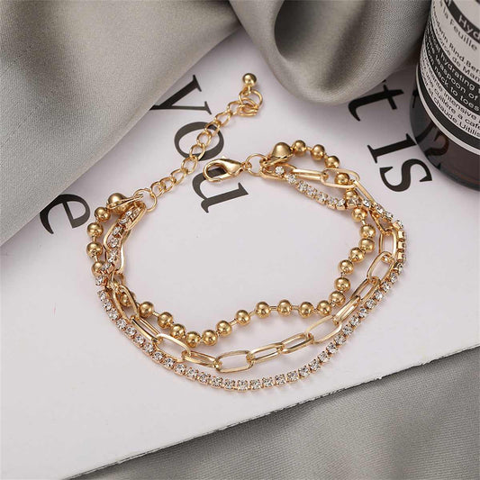 Cubic Zirconia & Goldtone Layered Ball Chain Anklet