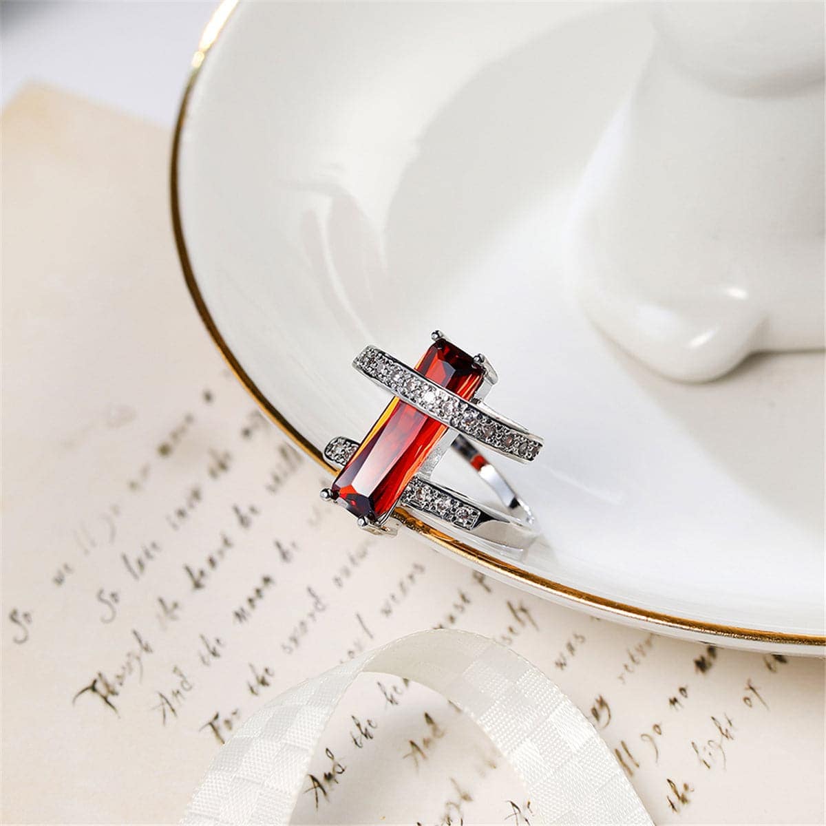 Red Crystal & Cubic Zirconia Bypass Ring