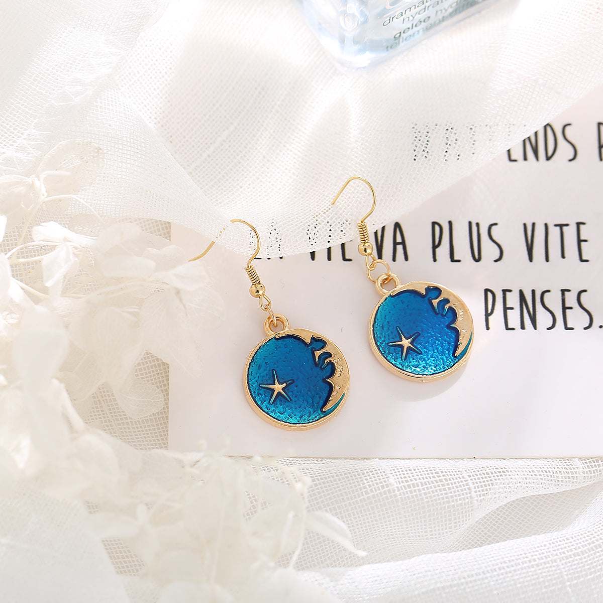 Blue Enamel & Goldtone Moon Drop Earrings
