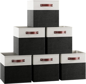 6-Pack Ornavo Home Linen Fabric Storage Cube Bin with Faux Leather Handles (White/Black)