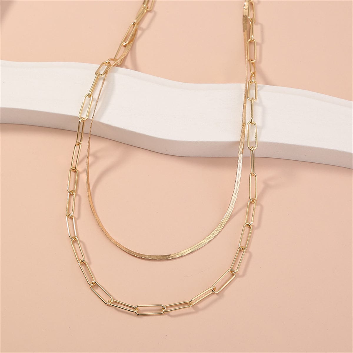 Goldtone Snake Chain & Open Rectangle Chain Layered Necklace