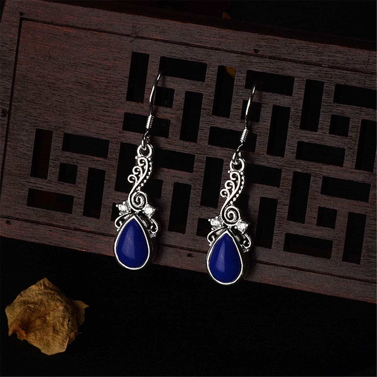 Blue Resin & Cubic Zirconia Filigree Drop Earrings