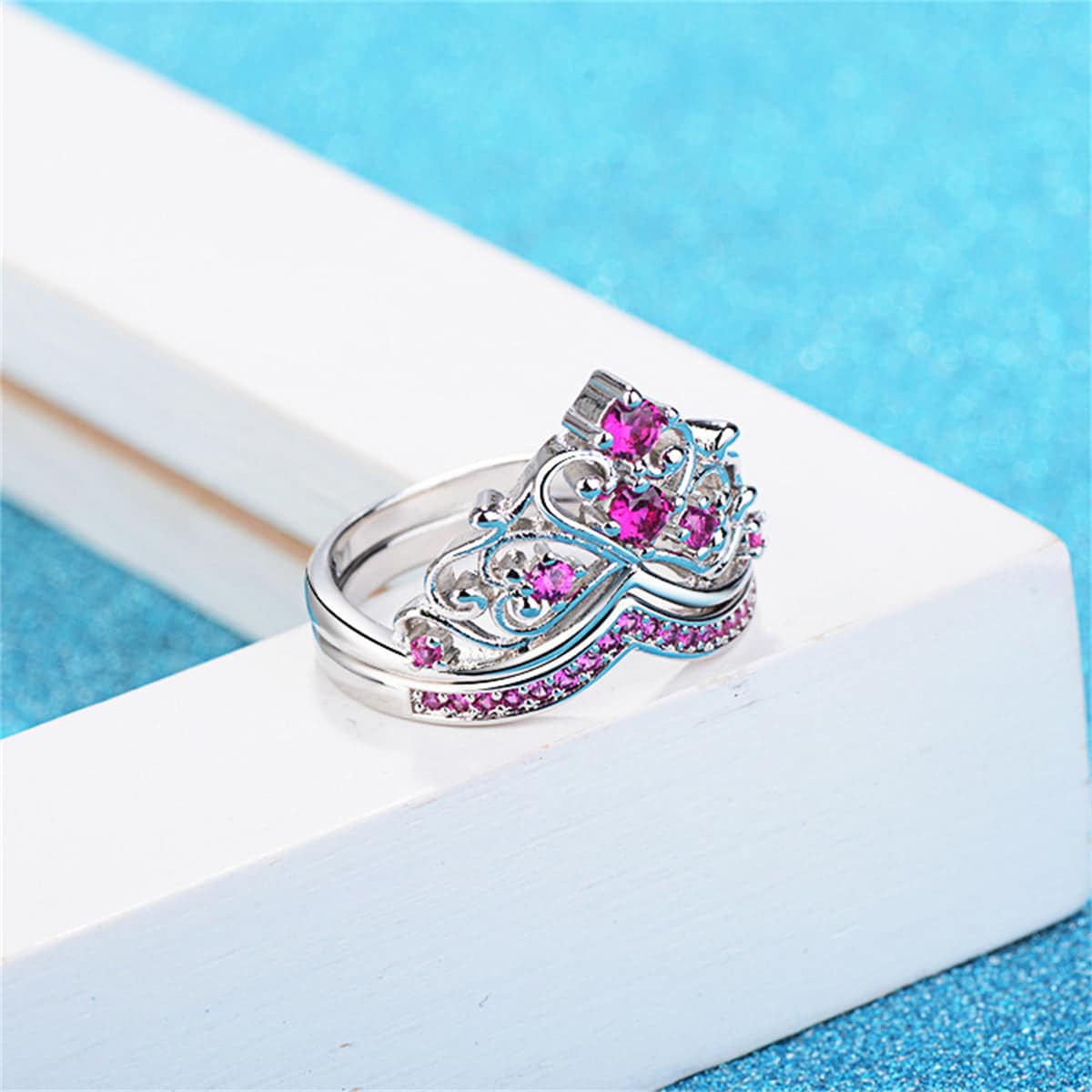 Rose Cubic Zirconia & Silvertone Stacked Crown Ring Set