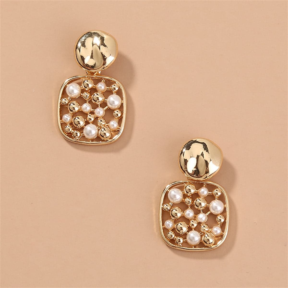 Pearl & Goldtone Square Bezel-Set Drop Earrings