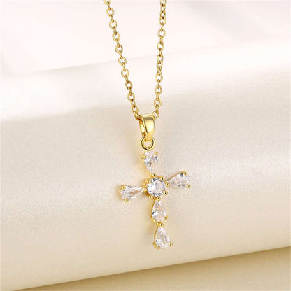 Pear-cut Crystal & Goldtone Cross Pendant Necklace
