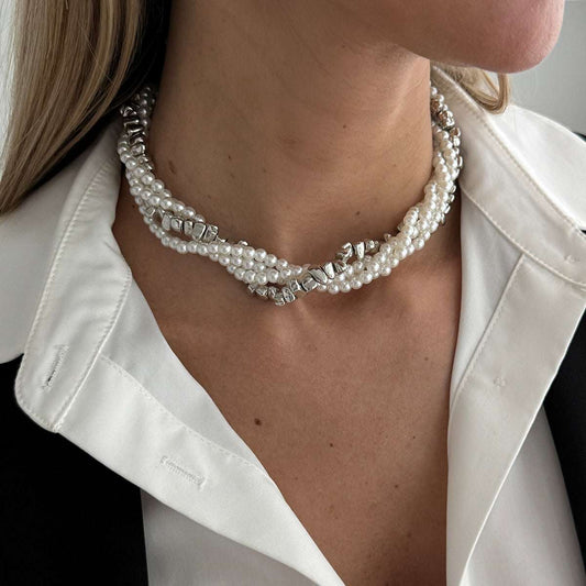 Pearl & Silvertone Irregular Beads Interlocked Layered Necklace
