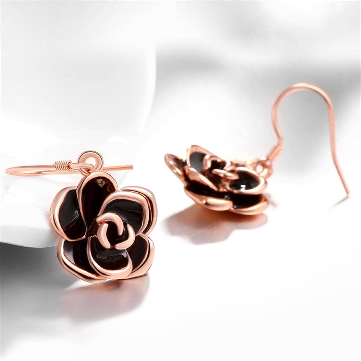 Black Enamel & Rose Goldtone Rose Drop Earrings