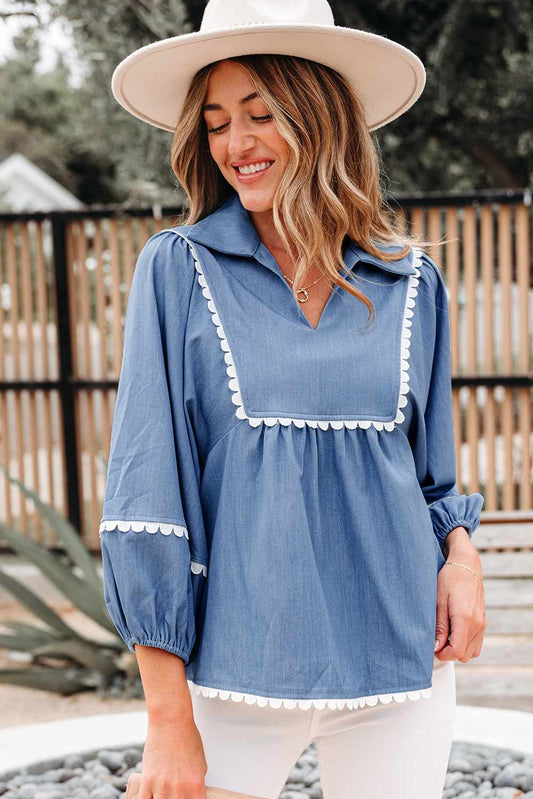 Threaded Pear Nevaeh Lace Ric Rac 3/4 Puff Sleeve Collared Babydoll Blouse