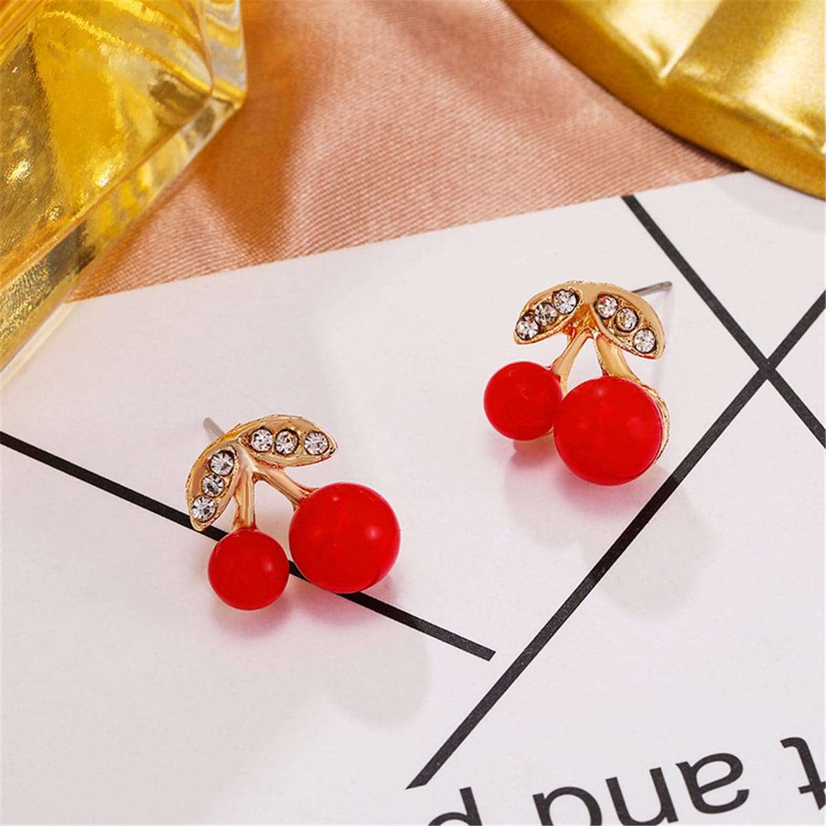 Cubic Zirconia & Resin Goldtone Cherry Stud Earrings
