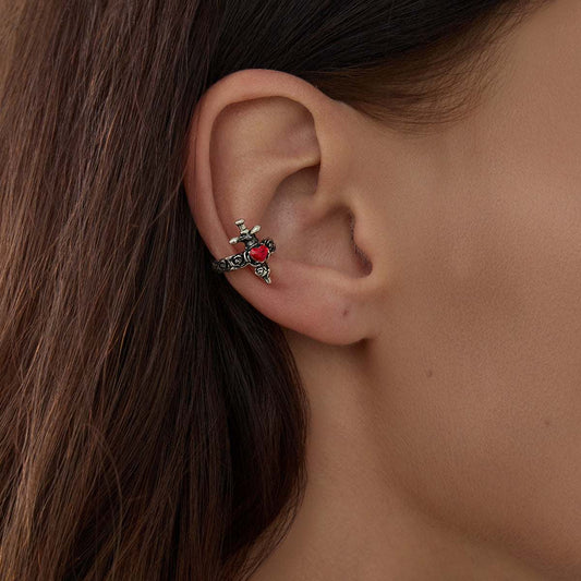 Red Heart Crystal & Silvertone Sword Ear Cuff