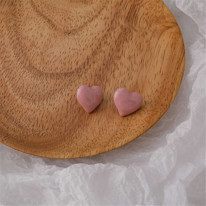 Pink Enamel & Silvertone Heart Stud Earrings