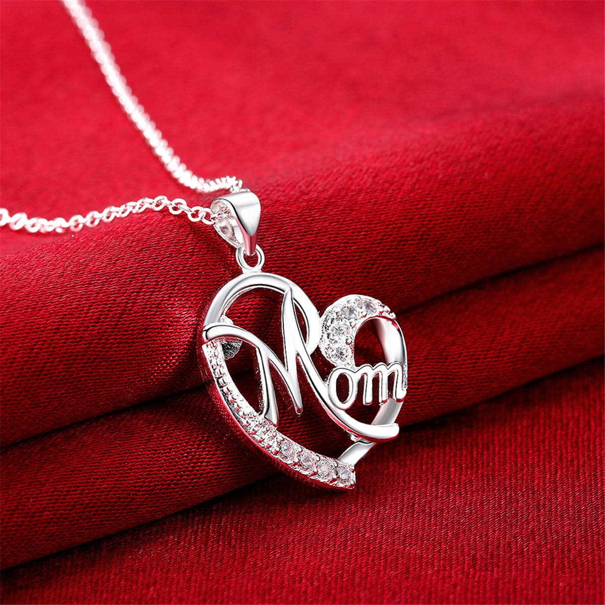 Cubic Zirconia & Silvertone 'Mom' Pendant Necklace