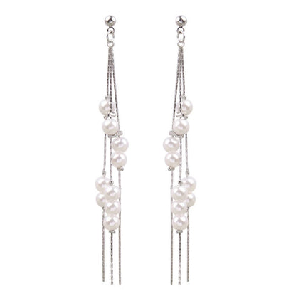 Pearl & Silvertone Cluster Tassel Dangle Earrings