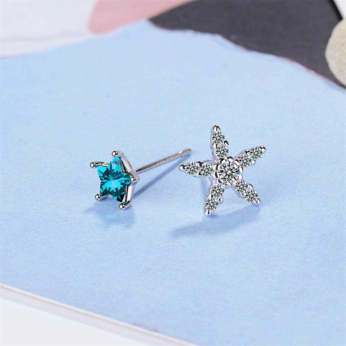 Cubic Zirconia & Blue Crystal Silvertone Asymmetrical Star Stud Earrings