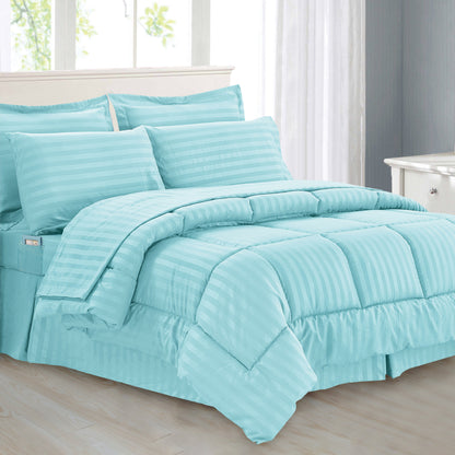 Elegant Comfort 8-Piece Dobby Stripe Comforter Set - Includes 4-Piece Sheet Set with Double Sided Storage Pockets
