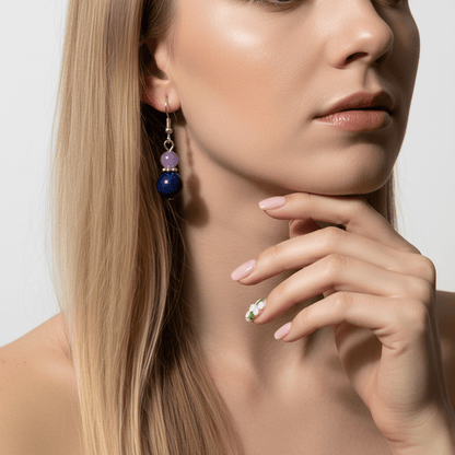 Purple & Cyan Jade Silvertone ‌Gourd-Shape Hook Earrings