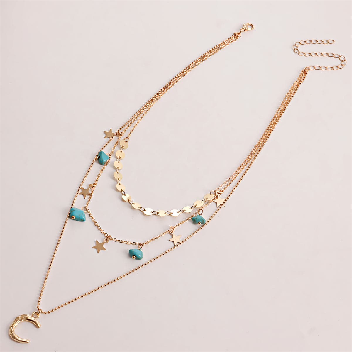 Turquoise & Goldtone Star Moon Layered Pendant Necklace