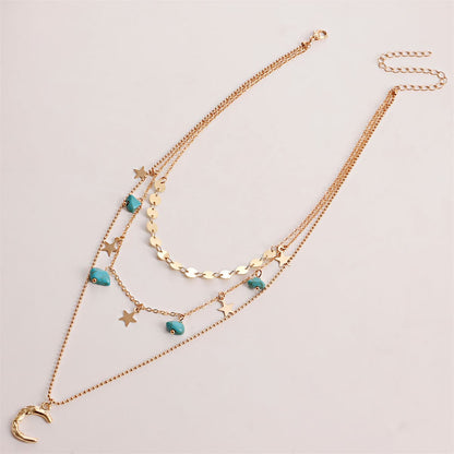 Turquoise & Goldtone Star Moon Layered Pendant Necklace