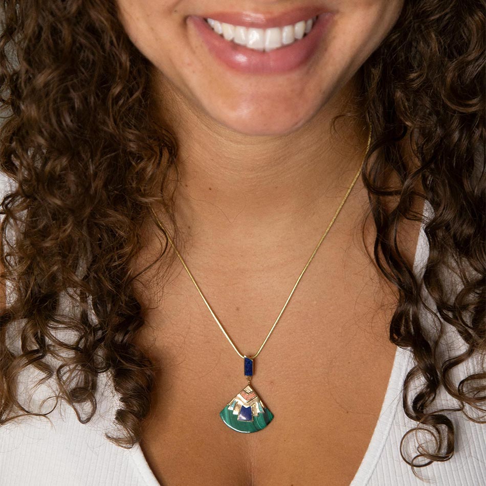 Art Deco Colorful Inlay Golden Pendant Necklace