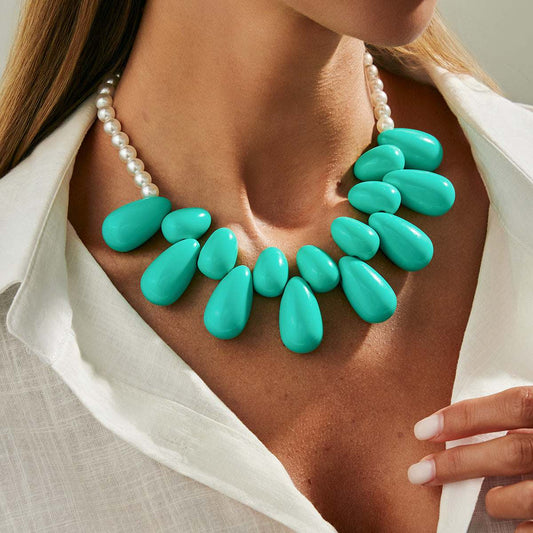 Green Resin & Pearl Silvertone Drops Collar Necklace