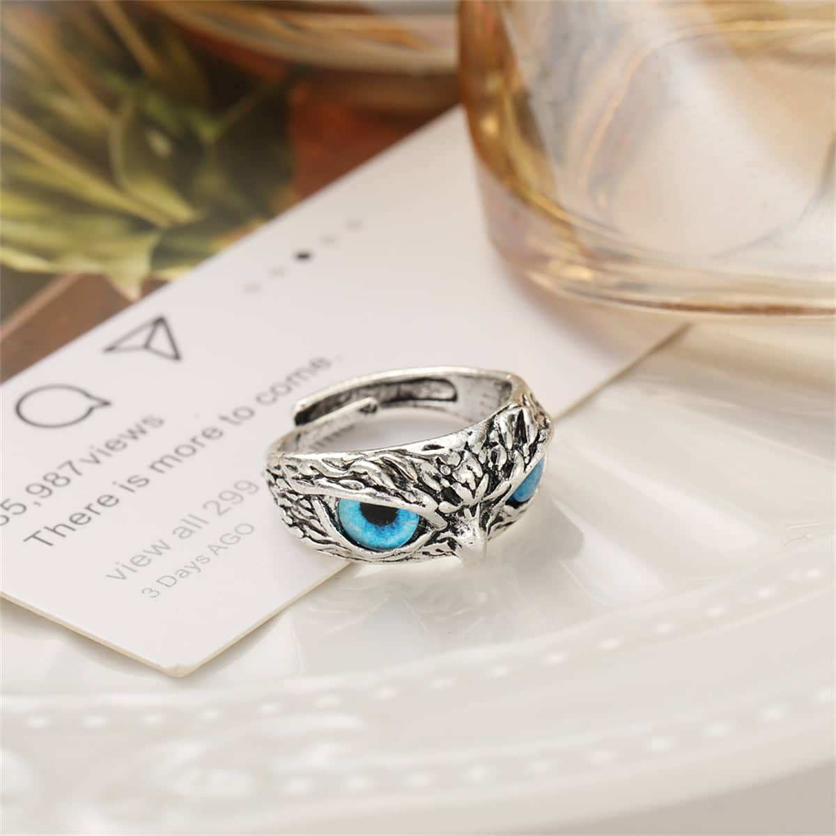 Blue Enamel & Silvertone Engraved Owl Adjustable Ring