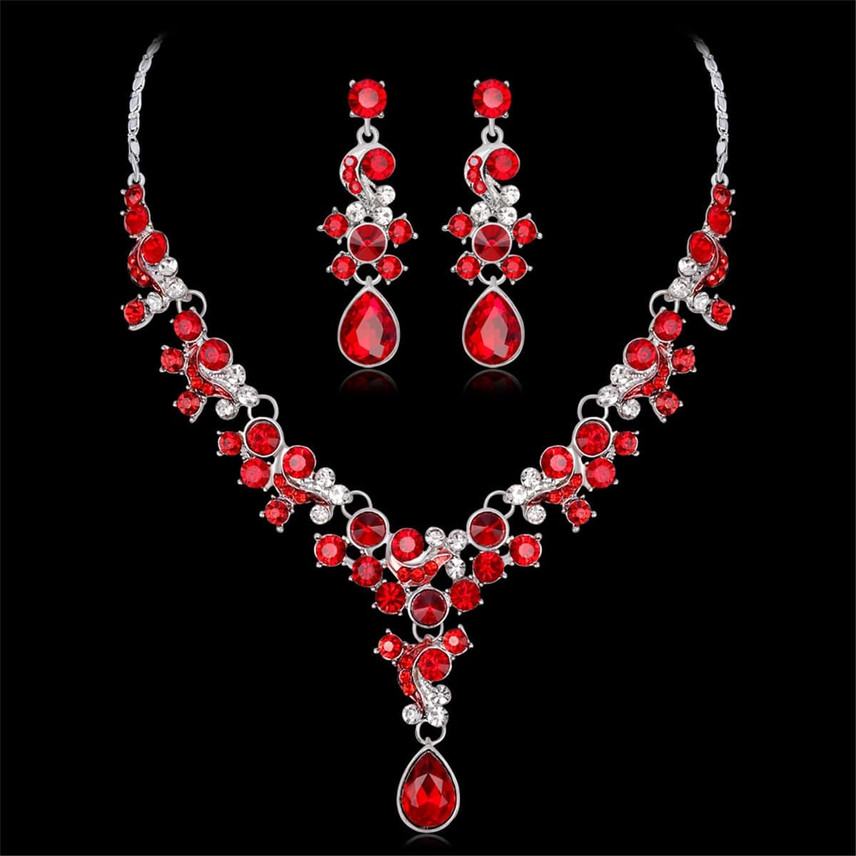 Red Crystal & Cubic Zirconia Flower Drop Earrings & Necklace Set