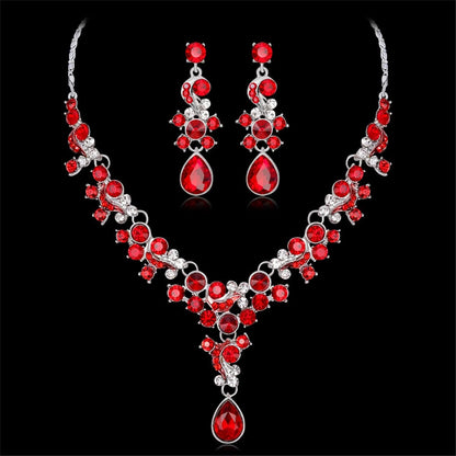 Red Crystal & Cubic Zirconia Flower Drop Earrings & Necklace Set