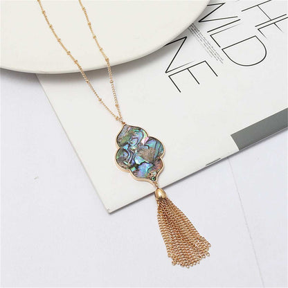 Abalone Shell & Goldtone Flower Tassel Pendant Necklace