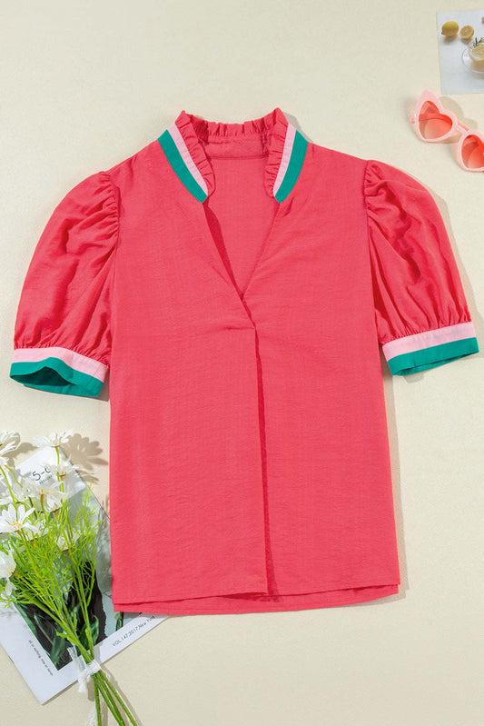 Threaded Pear Becky V Neck Short Sleeve Blouse
