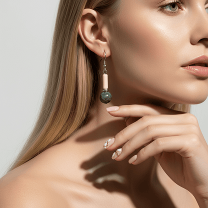 Green Jade & Silvertone Cylinder Ball Hook Earrings