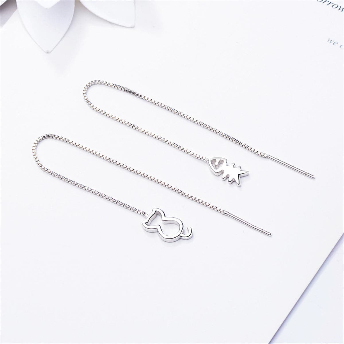 Silvertone Cat & Fishbone Threader Earrings