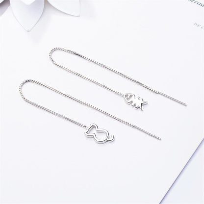 Silvertone Cat & Fishbone Threader Earrings