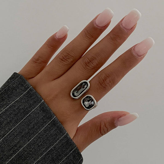 Gray Crystal & Silvertone Rectangle Square Open Ring