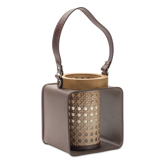 Melrose International Metal Candle Holder with Wood and Leather Accents