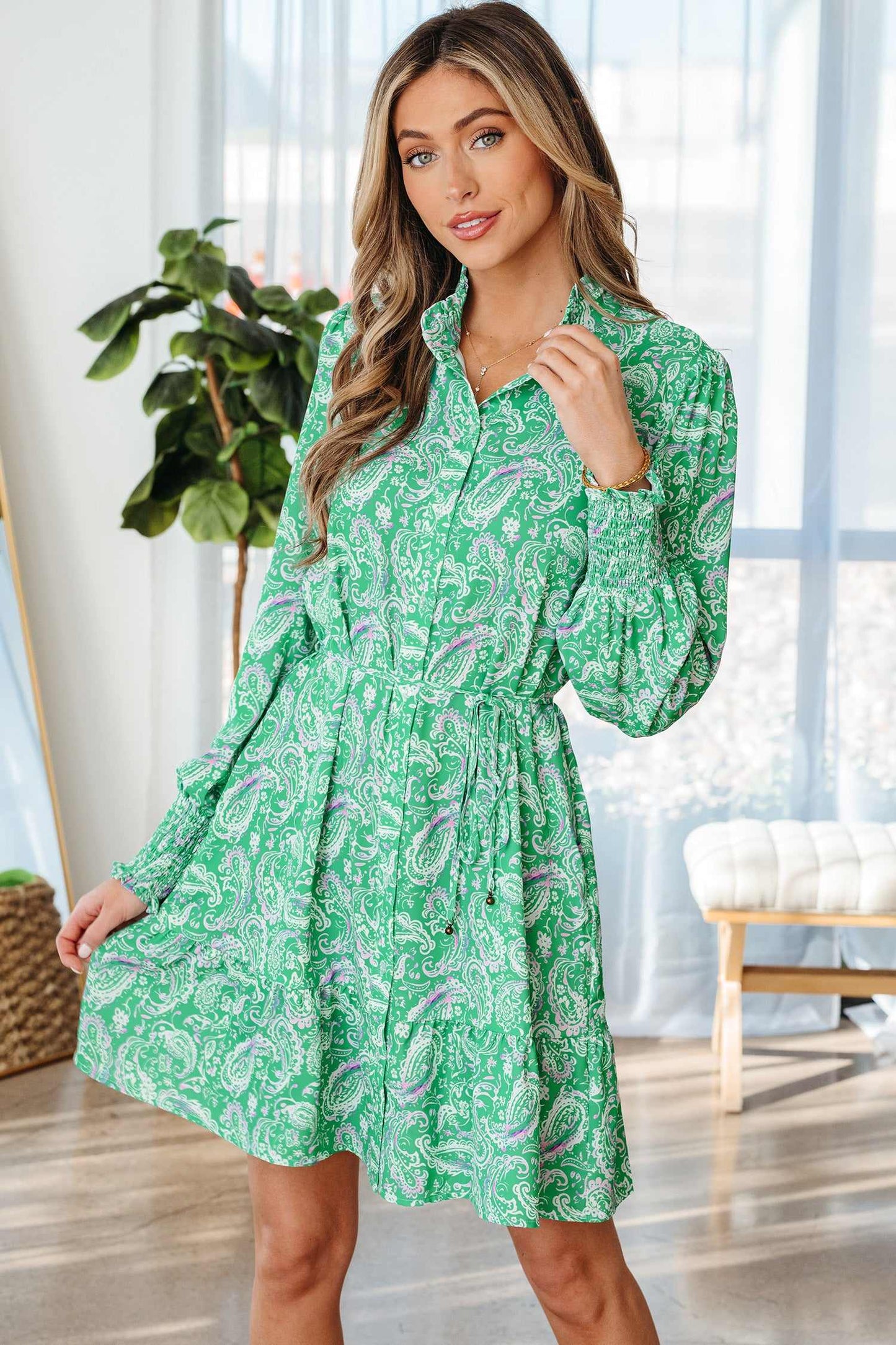 Aleia Tied Waist Mini Dress - Green / L - 12/14