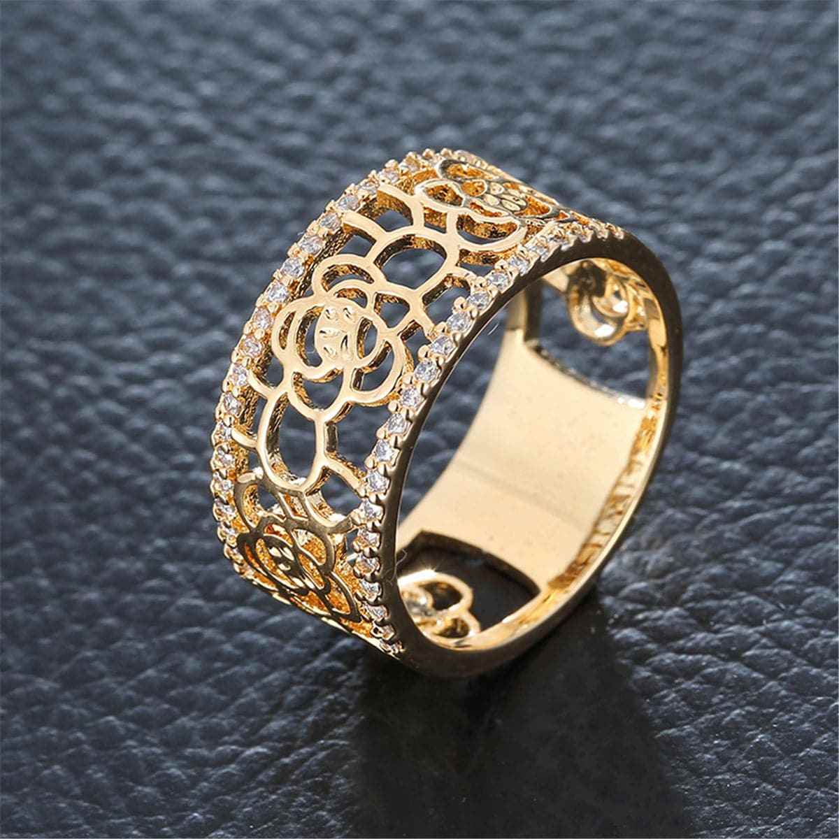 Cubic Zirconia & Goldtone Floral Cutout Ring