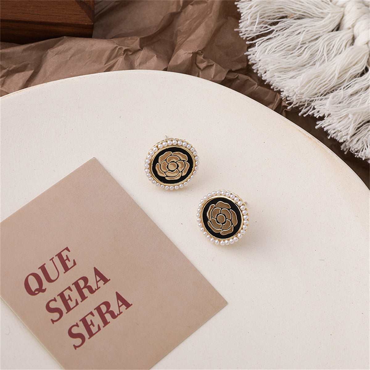 Black Enamel & Pearl Goldtone Camellia Stud Earrings