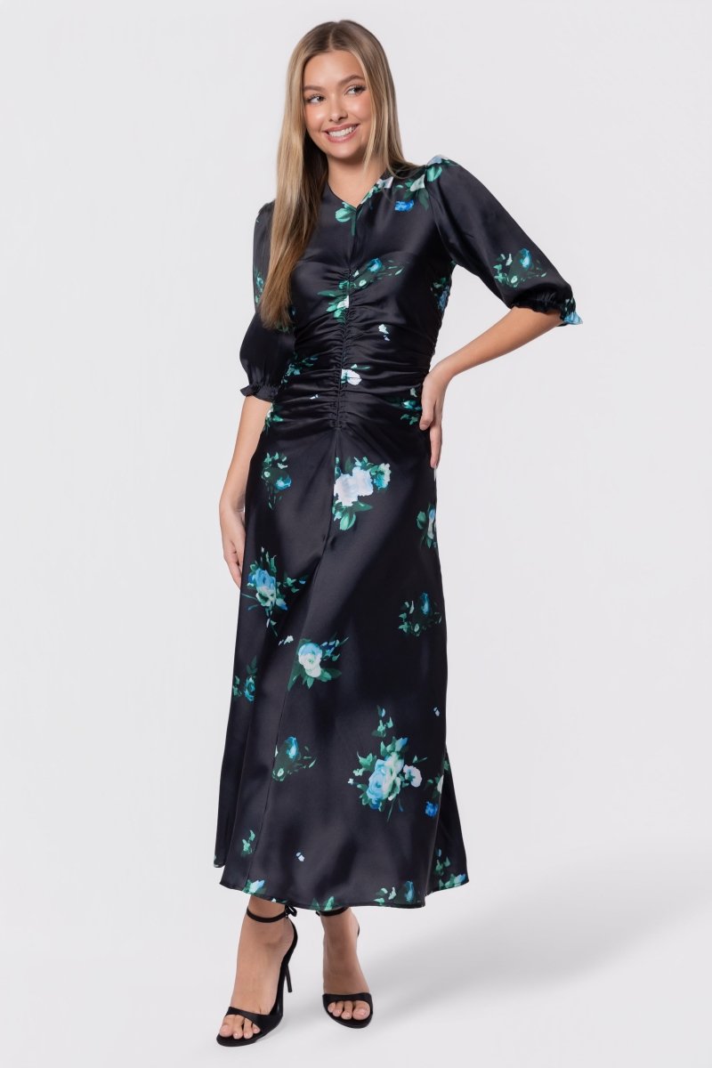 Audrey Dress Short  Sleeve (Dark Green Flower)