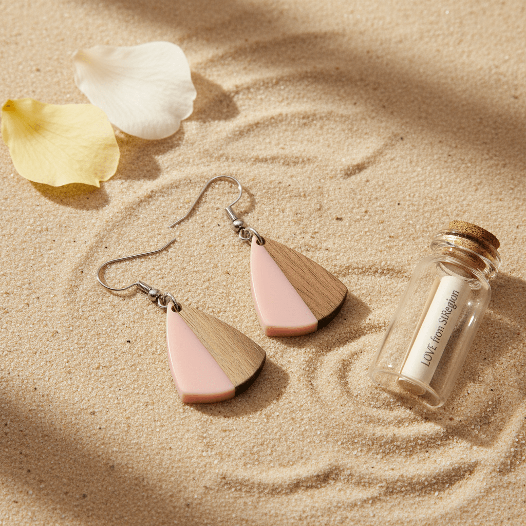 Pink Resin & Wood Silvertone Shield Hook Earrings
