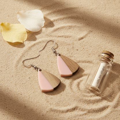 Pink Resin & Wood Silvertone Shield Hook Earrings