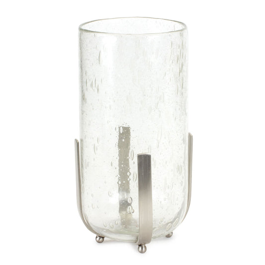 Melrose International Bubbled Glass Vase Candle Hurricane with Metal Stand