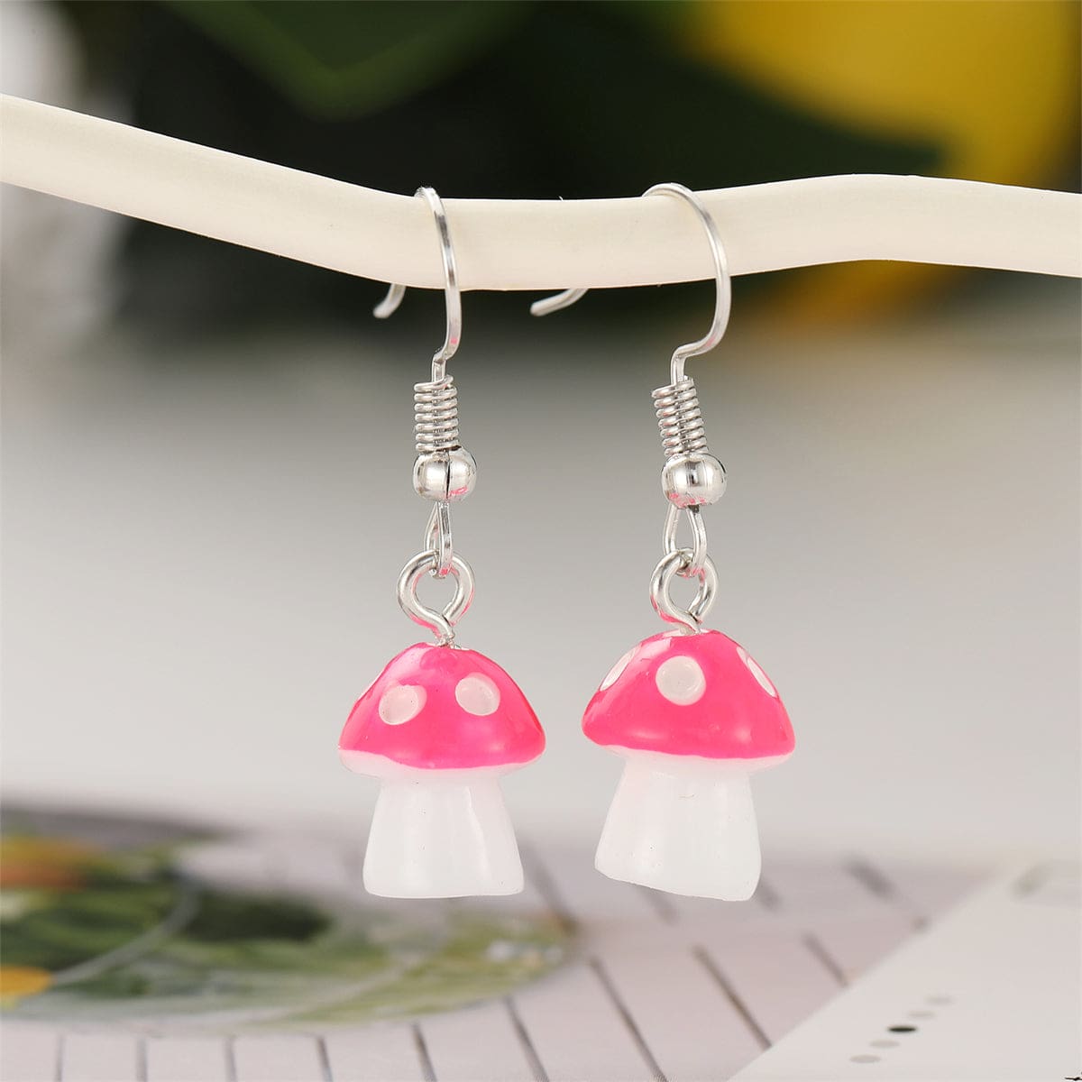 Rose Resin & Silvertone Dot Mushroom Drop Earrings