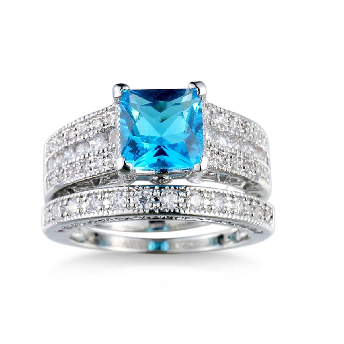 Sea Blue Crystal & Cubic Zirconia Band Ring Set-3