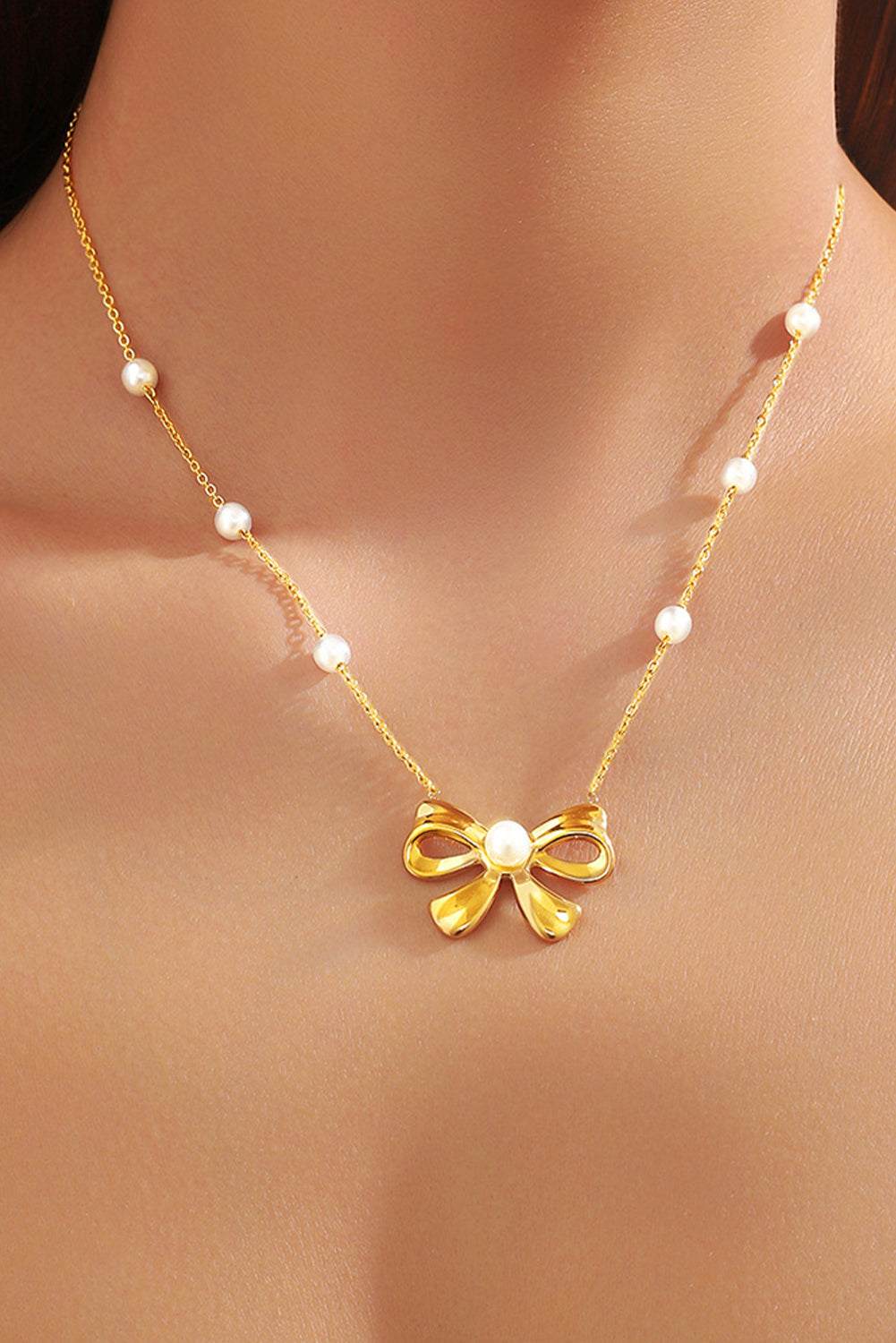 Gold Pearl Decor Plated Bow Knot Pendant Necklace - Gold / ONE SIZE