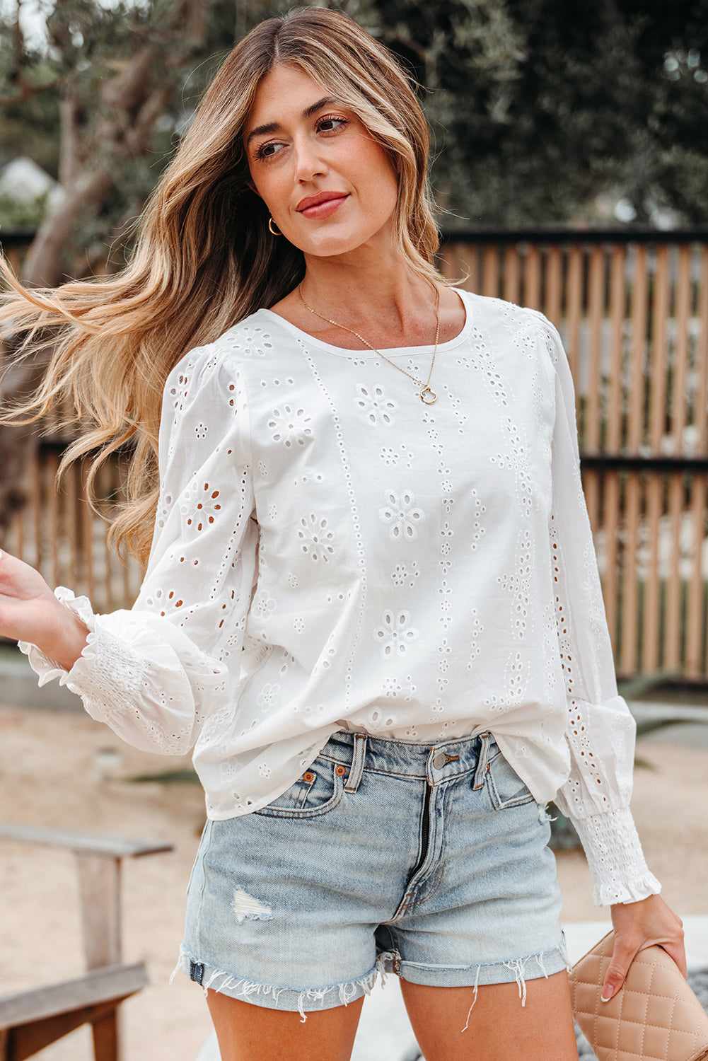 Threaded Pear Allison Eyelet Embroidered Smocked Cuff Sheer Blouse