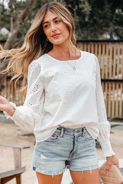 Threaded Pear Allison Eyelet Embroidered Smocked Cuff Sheer Blouse